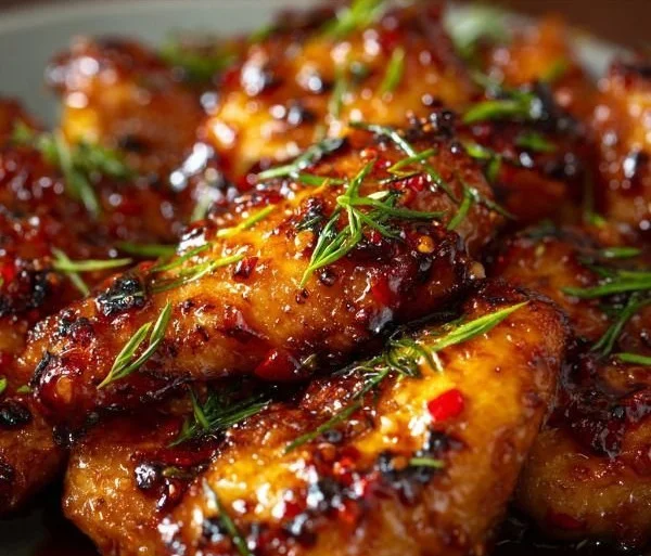 Delicious Sticky Honey Chicken dish garnished and ready to serve