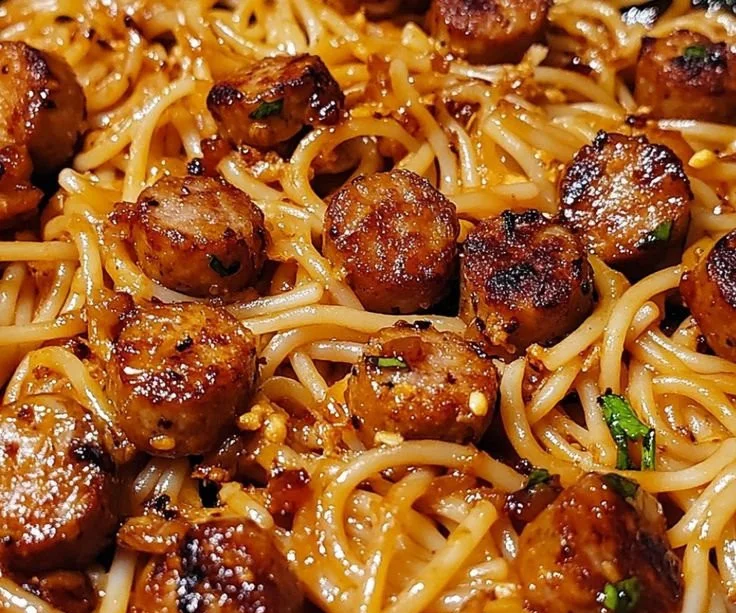 Delicious sweet and spicy sausage pasta served in a bowl
