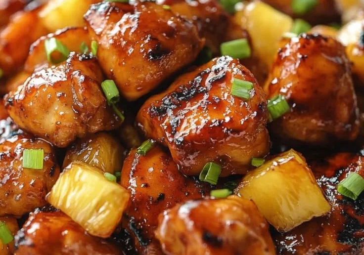 Delicious sweet and sticky Pineapple Bourbon Chicken served on a plate
