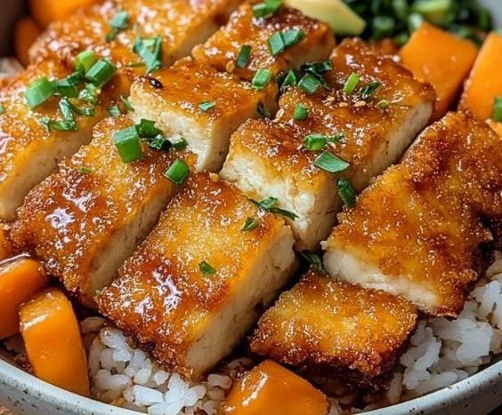 Crispy Tofu Katsu served with dipping sauce and sides