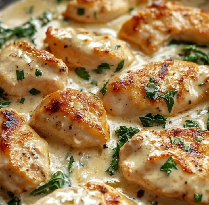 Tuscan Pancetta Chicken breast in creamy garlic sauce served on a plate