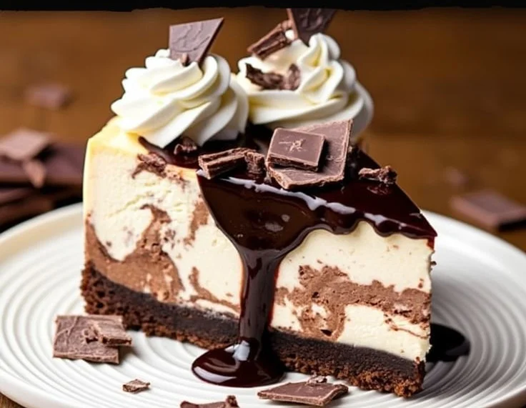 Ultimate Hot Fudge Sundae Brownie Cheesecake topped with rich chocolate fudge