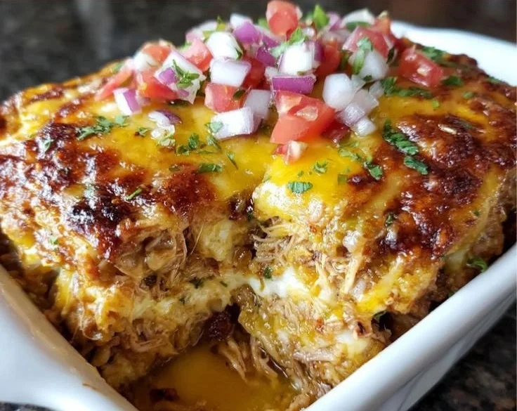 Ultimate Loaded Chicken Enchilada Casserole topped with cheese and garnished with cilantro