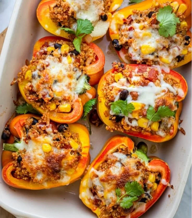 Vegetarian quinoa stuffed peppers filled with colorful vegetables and spices