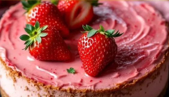 Velvet Strawberry Cheesecake topped with fresh strawberries and creamy filling