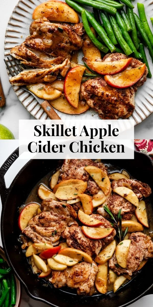 1-Pan Apple Cider Chicken served on a plate with herbs and apple slices