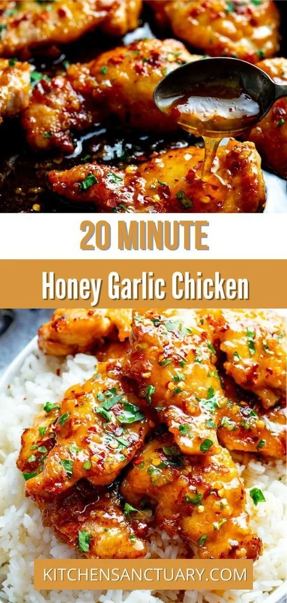 Plate of 20 Minute Honey Garlic Chicken garnished with herbs