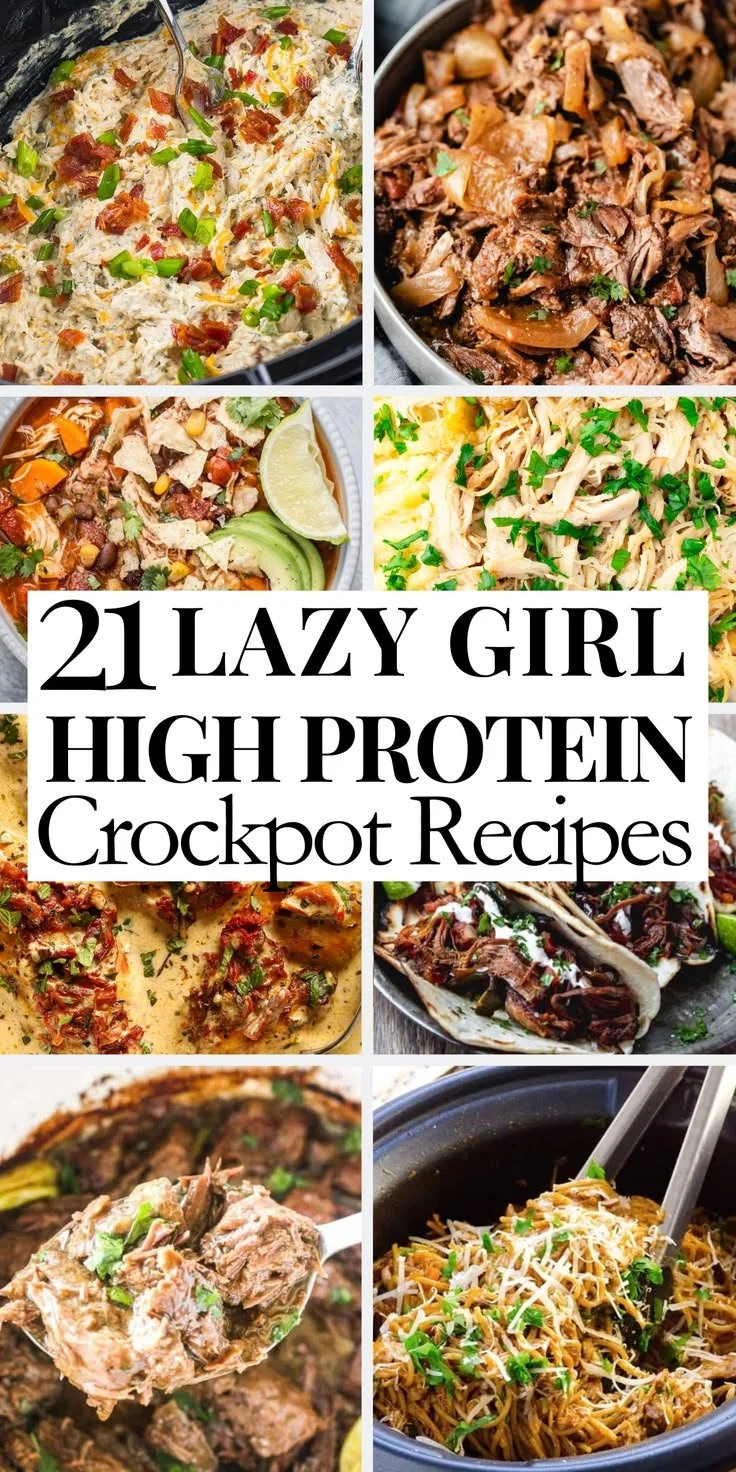 High protein crockpot meals served in a bowl with vegetables and herbs.