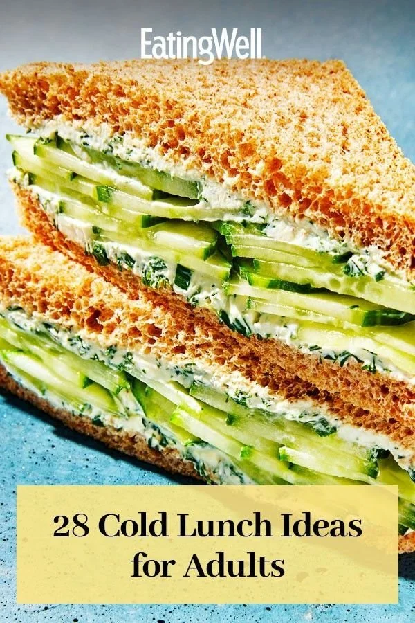 A variety of cold lunch ideas for adults including salads, wraps, and snacks.