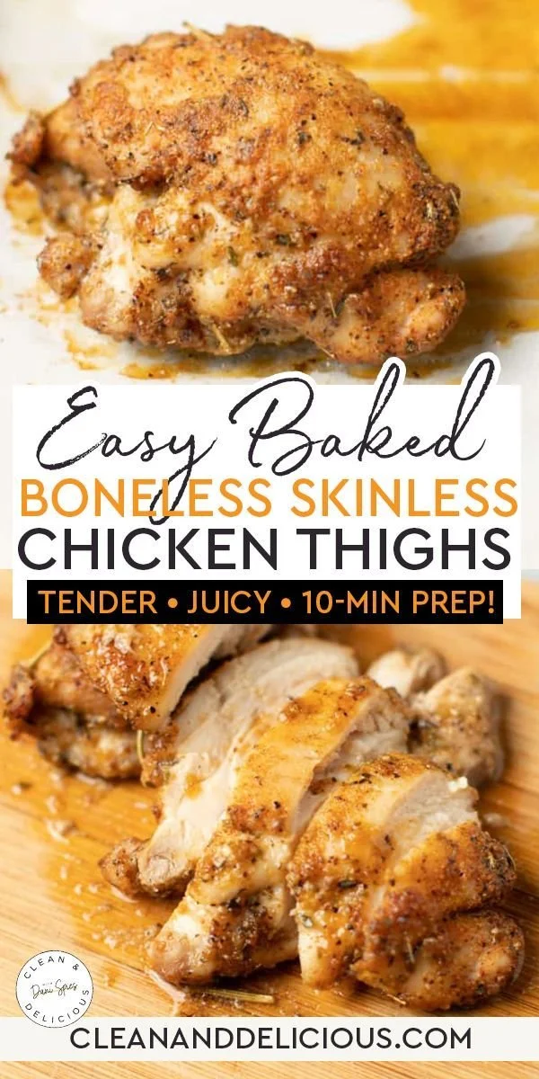 Delicious baked boneless skinless chicken thighs plated with herbs and spices