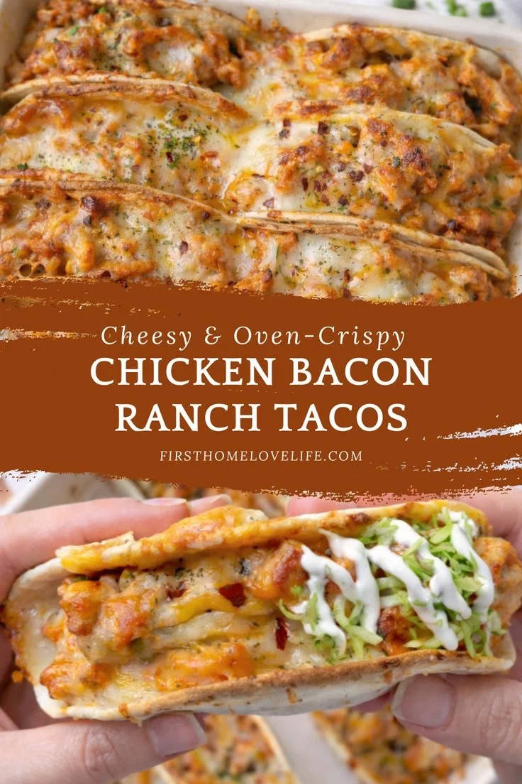 Baked chicken bacon ranch tacos topped with cheese and fresh ingredients