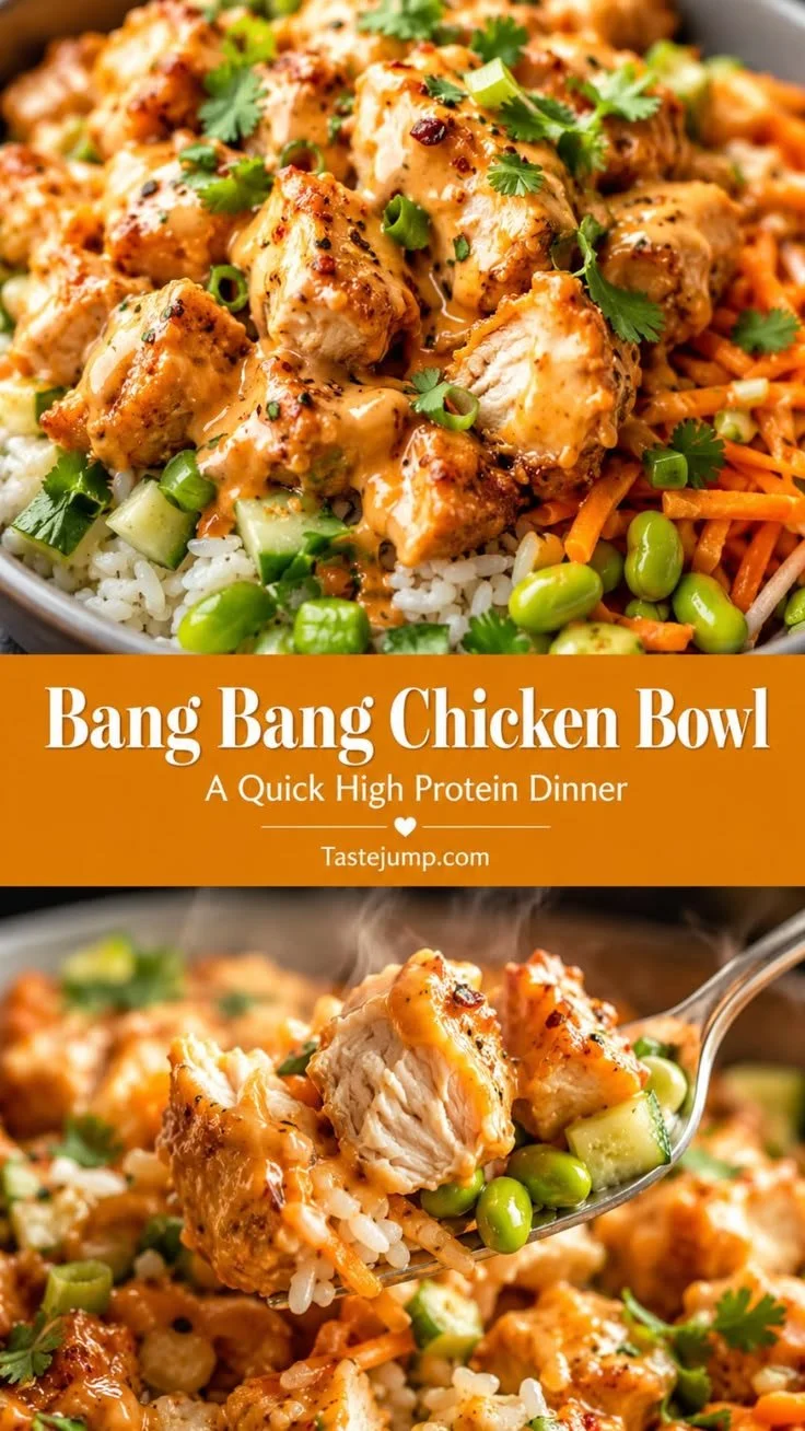 Bang Bang Chicken Bowl topped with fresh vegetables and spices for a healthy dinner.