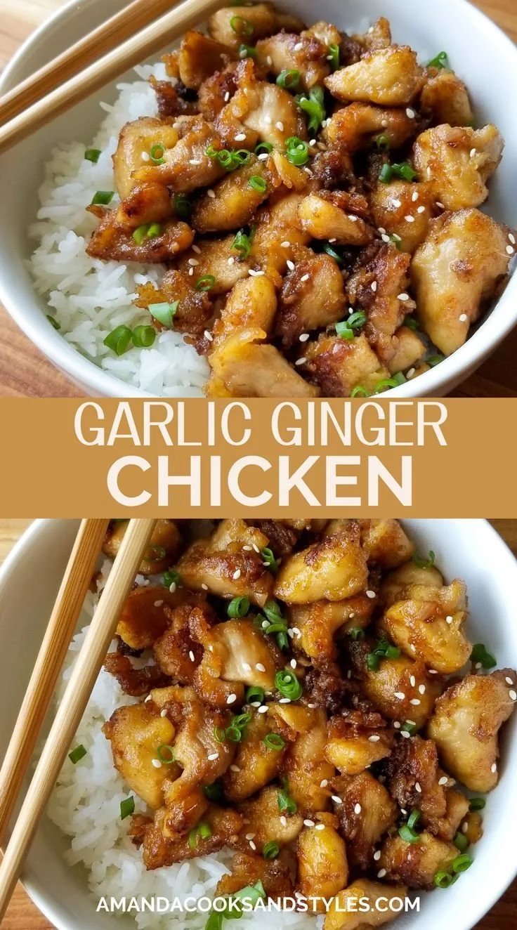 Best Ever Garlic Ginger Chicken dish garnished with fresh herbs