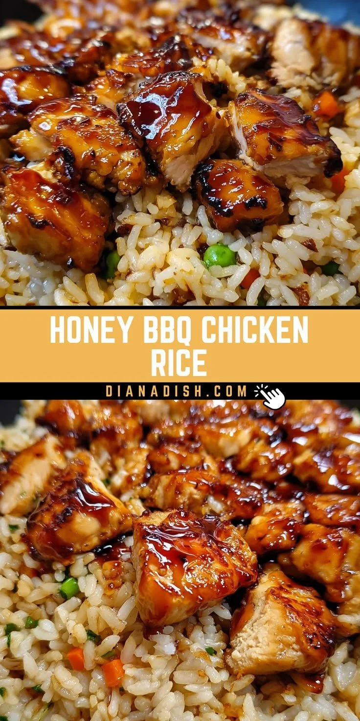 Delicious Honey BBQ Chicken served over rice in a 1-pan dinner dish