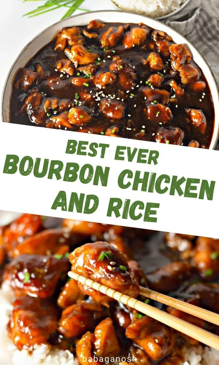 Delicious plate of Bourbon Chicken served with vegetables and sauce