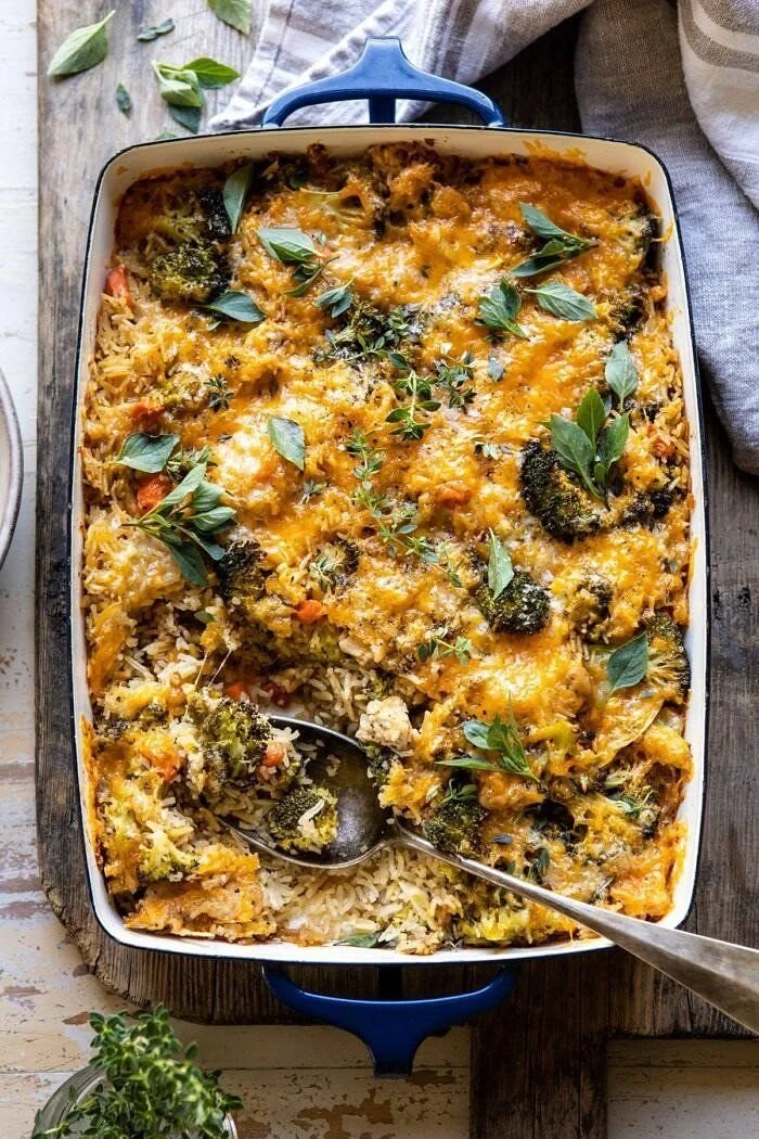 Delicious Broccoli Cheddar Chicken and Rice Casserole served in a baking dish