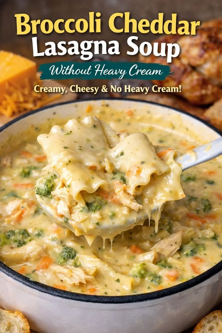 Bowl of creamy broccoli cheddar lasagna soup, a delicious one-pot meal.