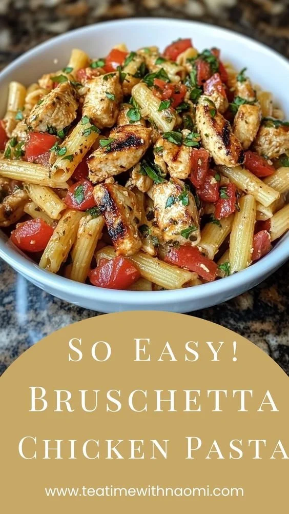 Delicious Bruschetta Chicken Pasta topped with fresh tomatoes and basil