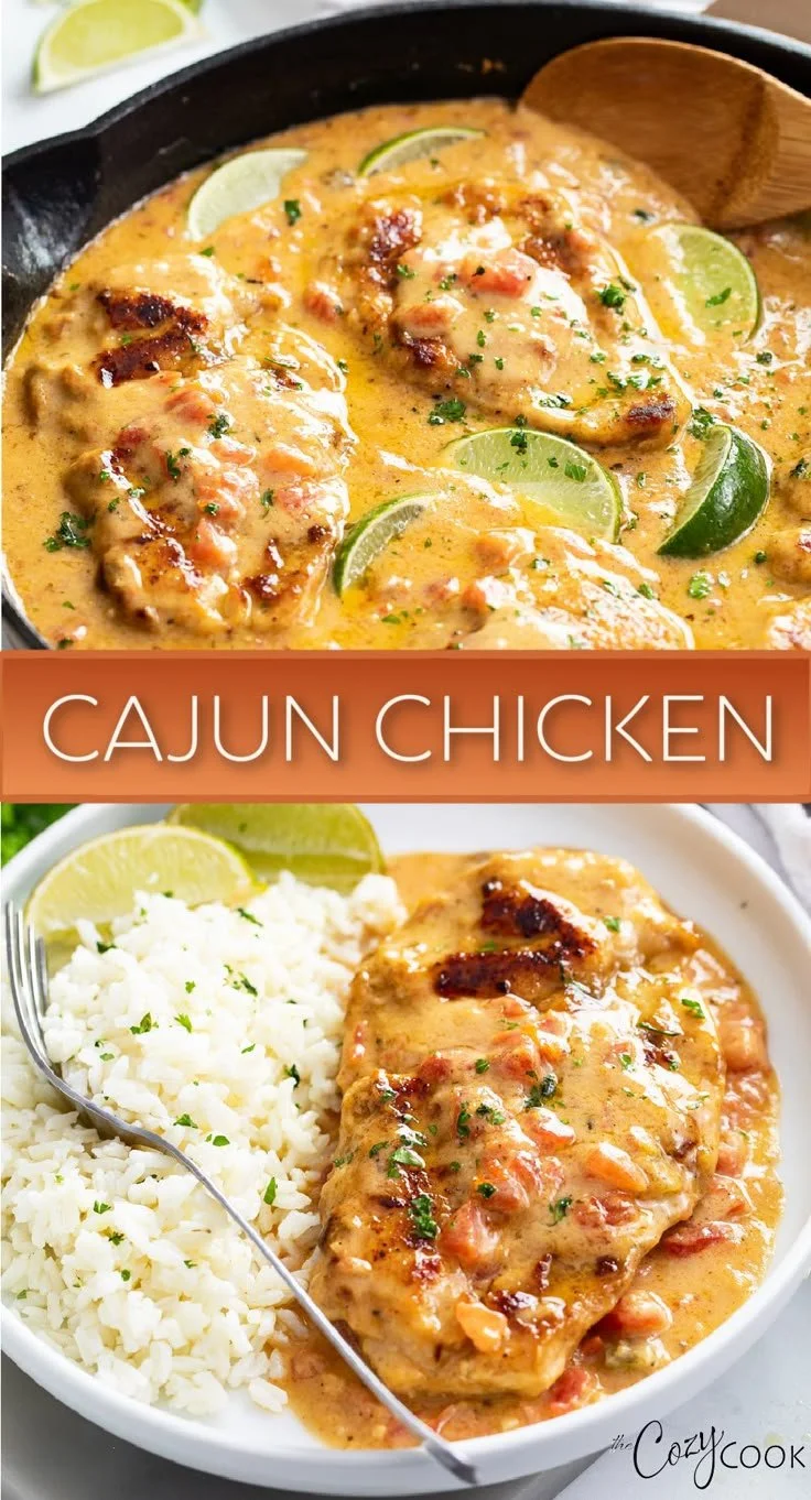 Delicious Cajun Chicken served with sides and garnished