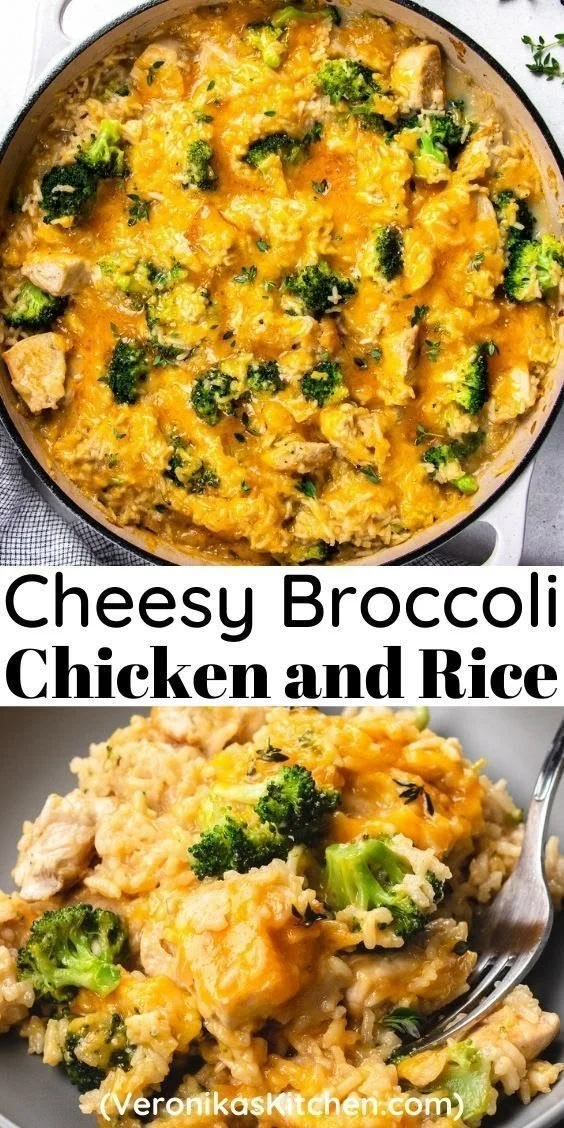 Cheesy broccoli chicken and rice casserole served in a baking dish
