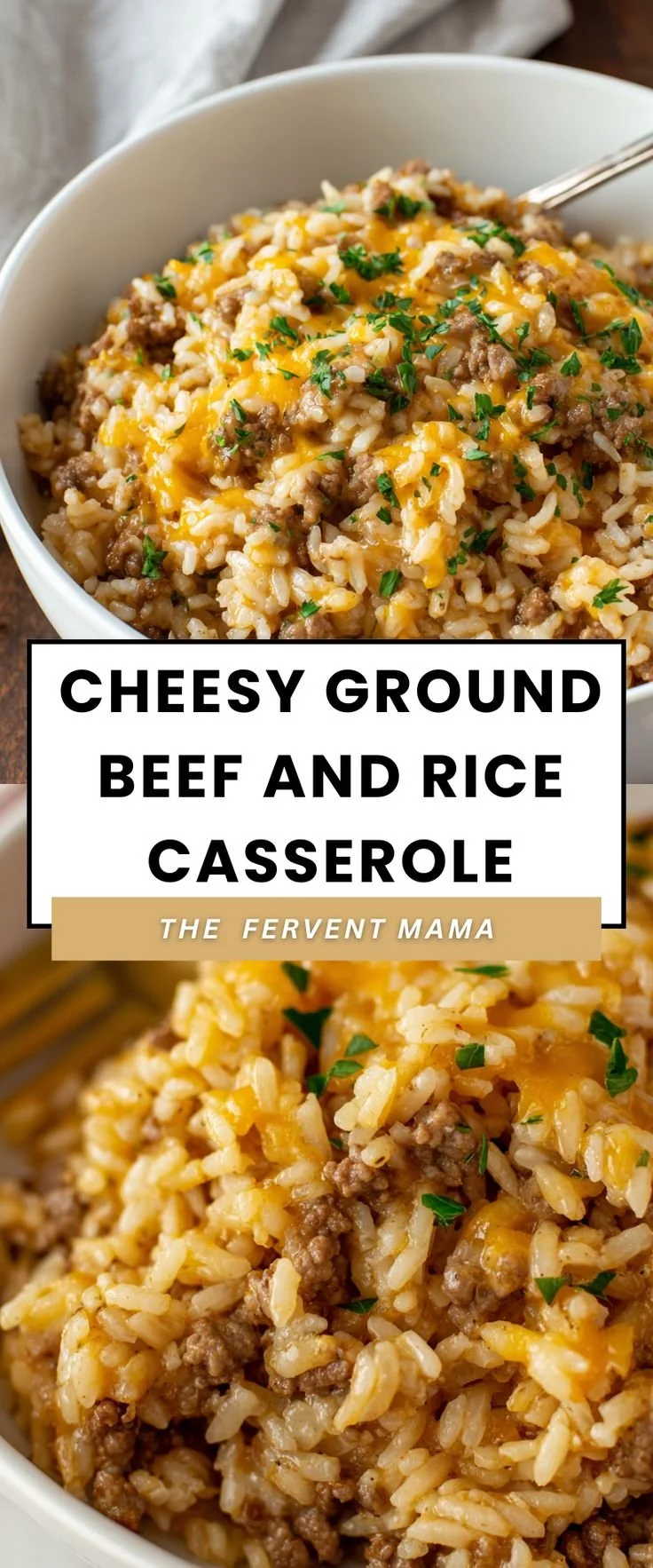 Cheesy ground beef and rice casserole garnished with parsley