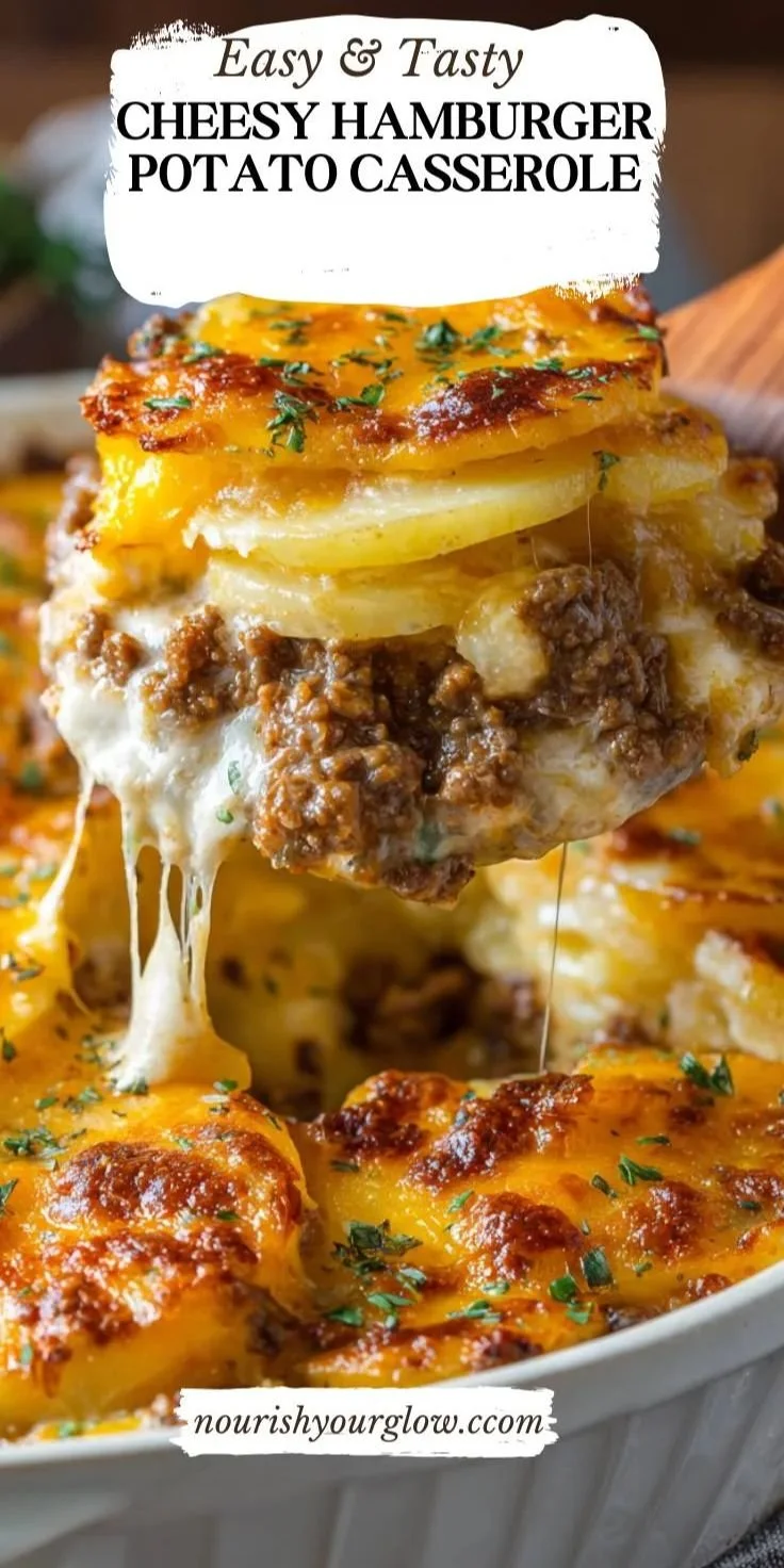 Delicious Cheesy Hamburger Potato Casserole served in a baking dish