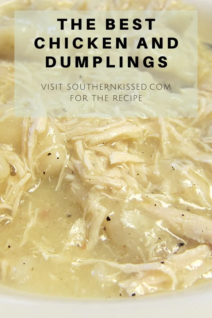 Delicious bowl of Chicken and Dumplings served with fresh herbs.
