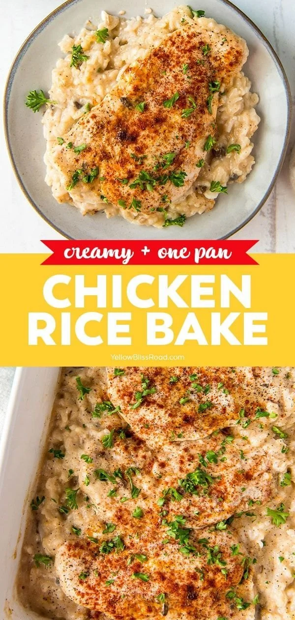 Baked chicken and rice dish garnished with herbs in a baking dish.