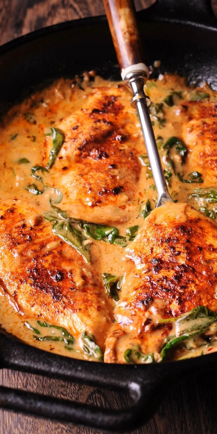 Chicken and spinach cooked in a creamy paprika sauce for a tasty meal.