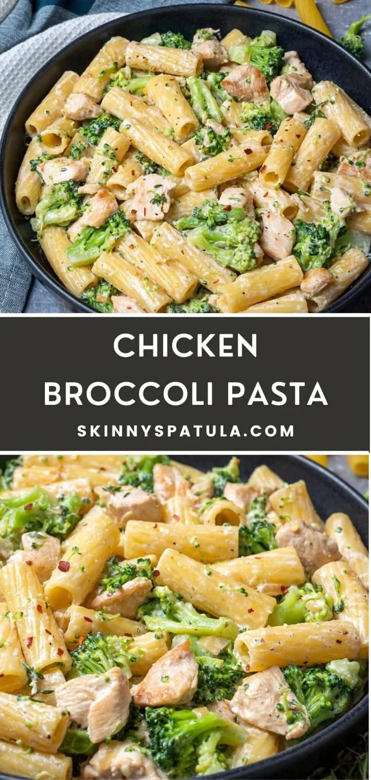 A plate of Chicken Broccoli Pasta with a creamy sauce and fresh ingredients.
