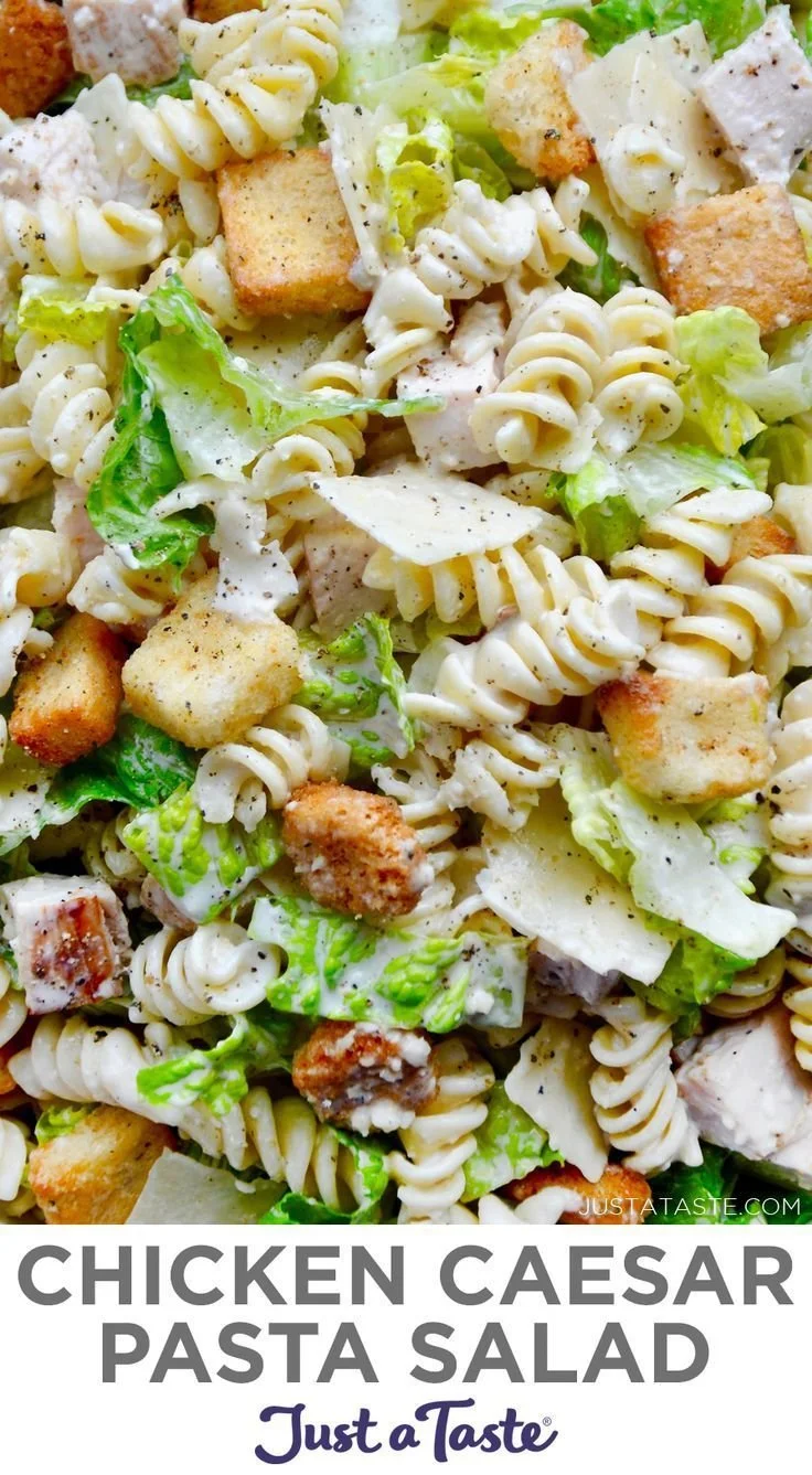 Delicious Chicken Caesar Pasta Salad with chicken, romaine, and creamy dressing