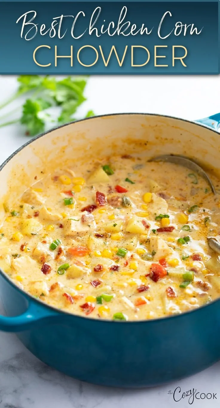 Bowl of creamy Chicken Corn Chowder garnished with herbs and corn