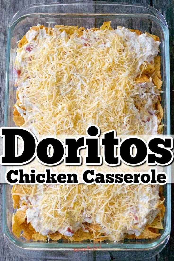 Delicious Chicken Dorito Casserole topped with melted cheese and crunchy Doritos