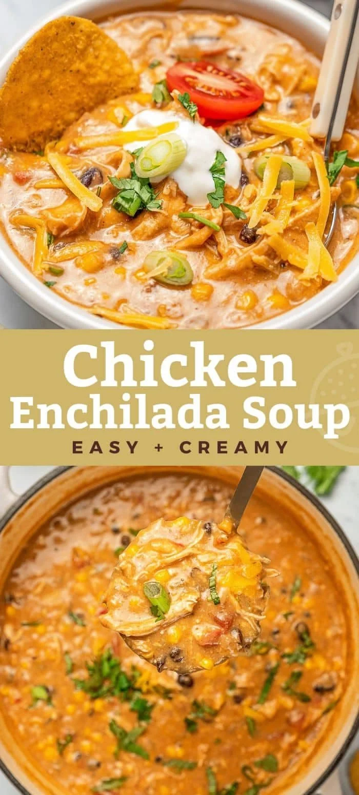 Delicious Chicken Enchilada Soup topped with cheese and cilantro