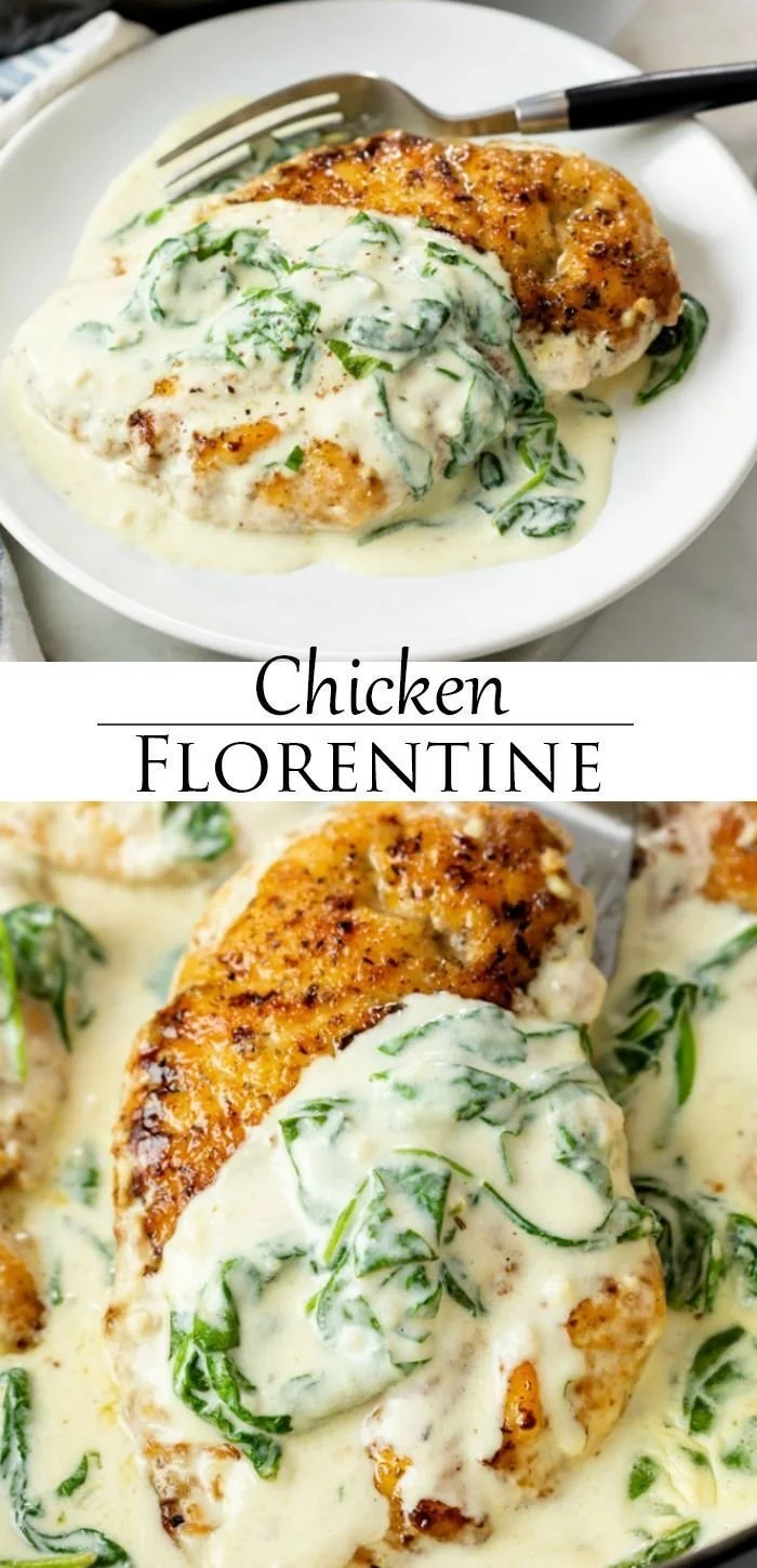 Delicious Chicken Florentine served on a plate with spinach and creamy sauce