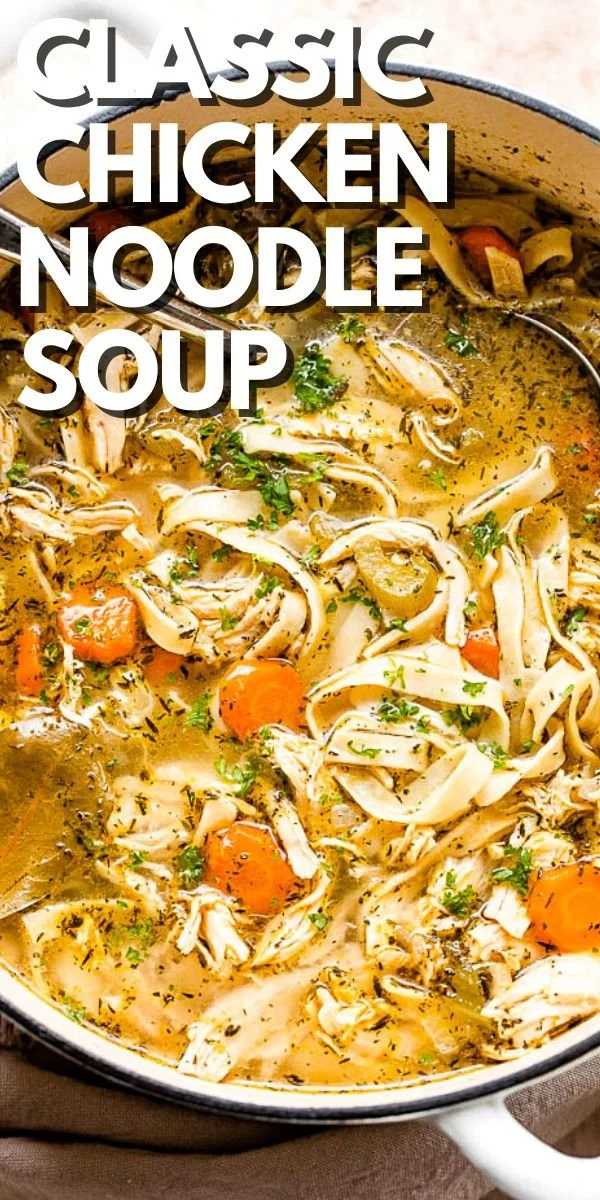 Delicious bowl of homemade Chicken Noodle Soup with fresh vegetables and herbs