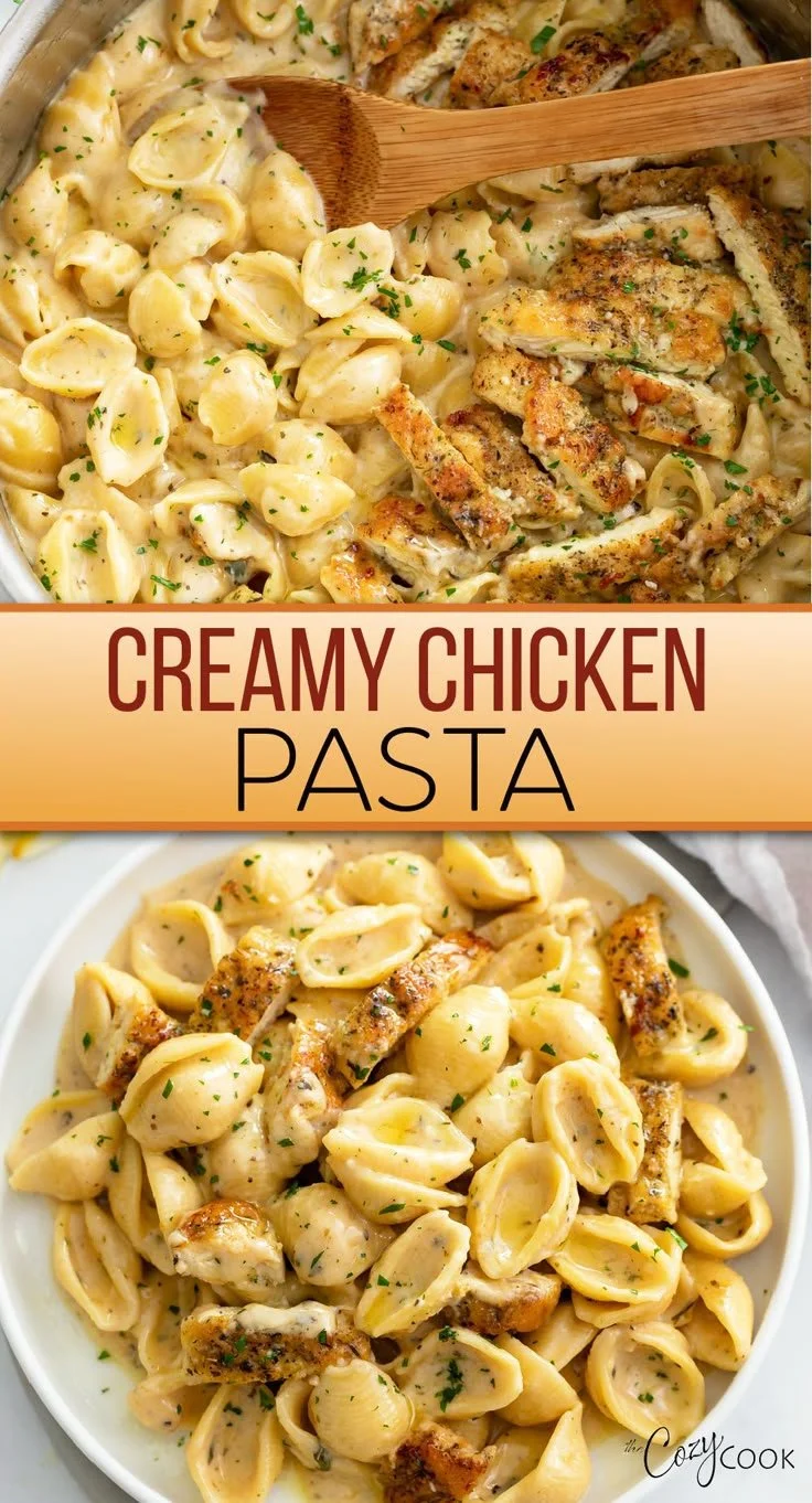 Plate of chicken pasta garnished with herbs and parmesan cheese