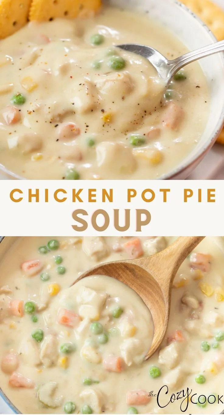Delicious Chicken Pot Pie Soup served in a bowl with fresh herbs.