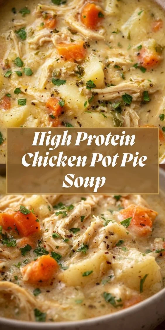 Delicious bowl of Chicken Pot Pie Soup garnished with herbs