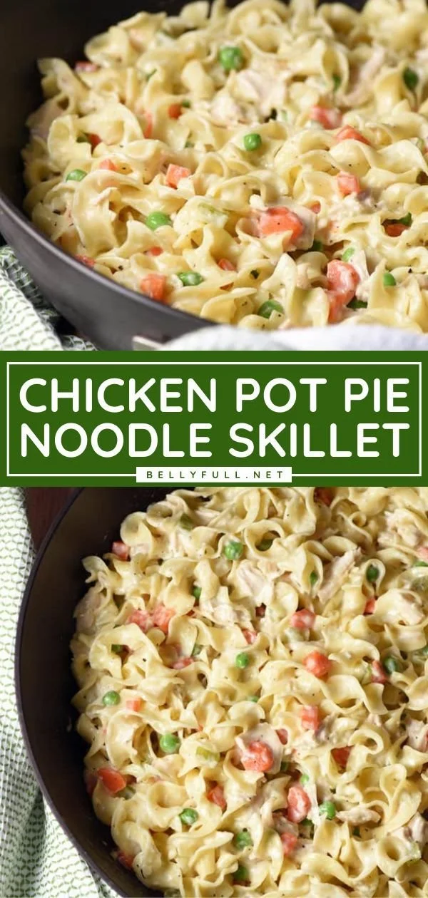 Delicious chicken pot pie with noodles, served warm in a rustic bowl.
