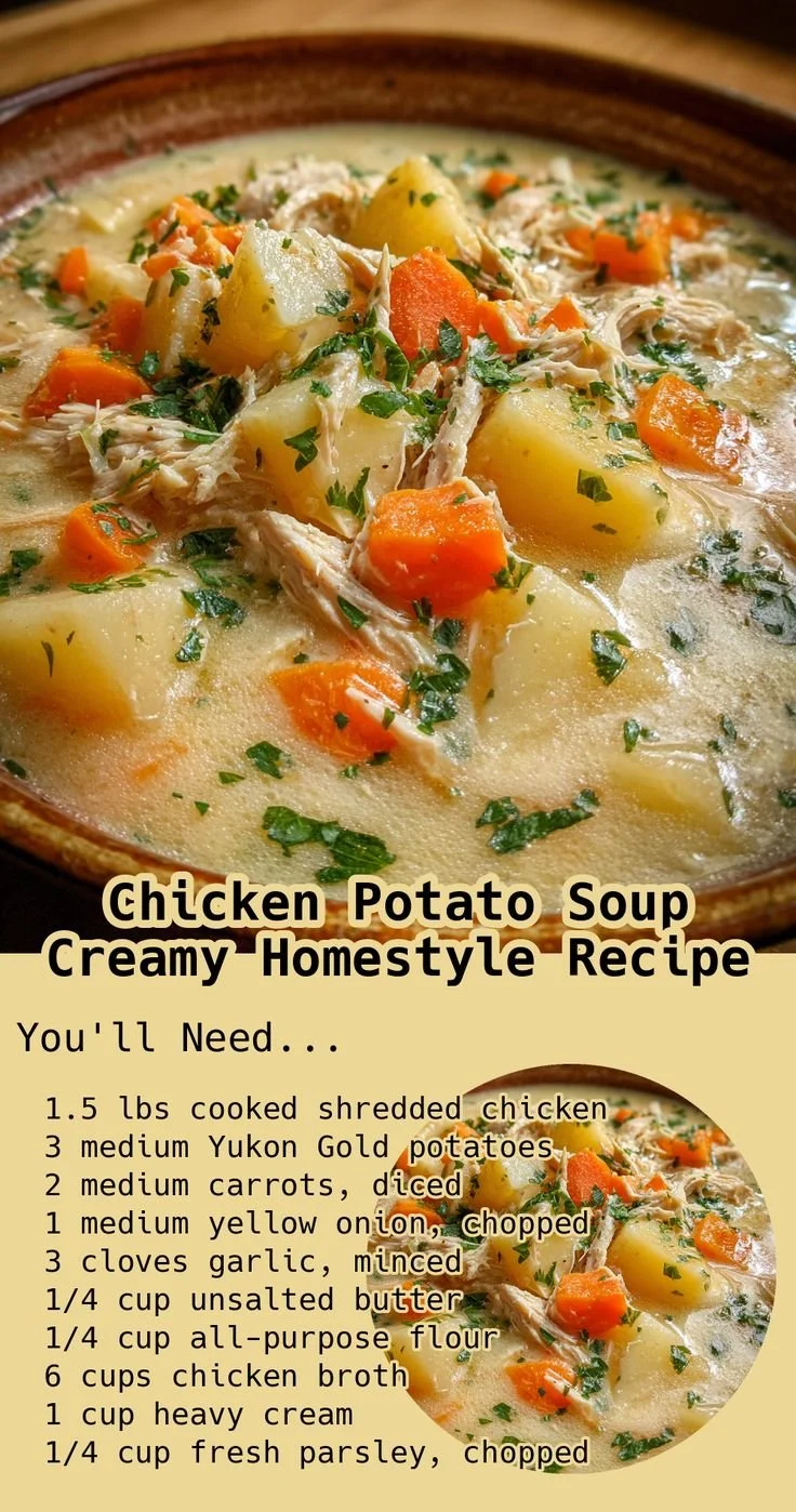 Creamy Chicken Potato Soup in a bowl with herbs and bread