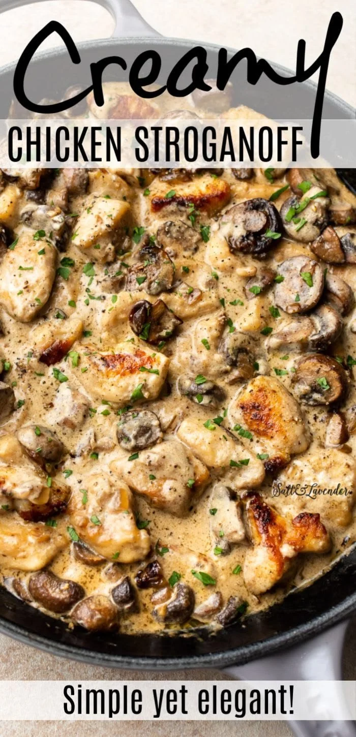 Delicious Chicken Stroganoff served with pasta and garnished with parsley.