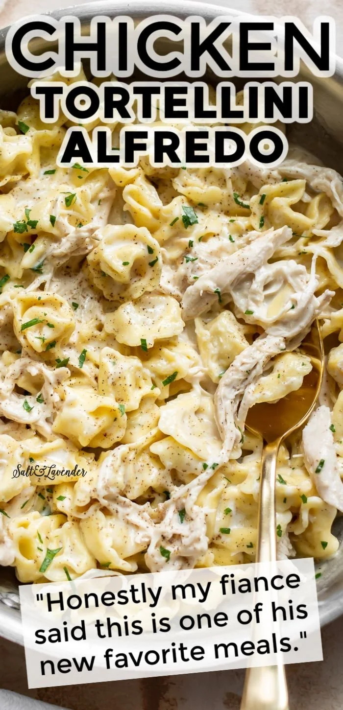 Delicious Chicken Tortellini Alfredo served with fresh herbs and parmesan cheese.