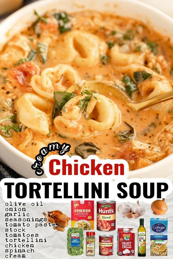 Bowl of Chicken Tortellini Soup featuring tender chicken and fresh herbs