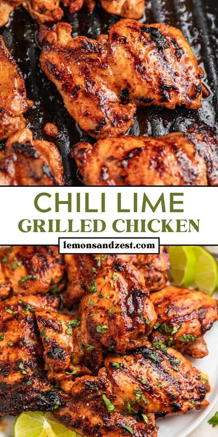Chili Lime Marinated Grilled Chicken served on a plate with fresh herbs.