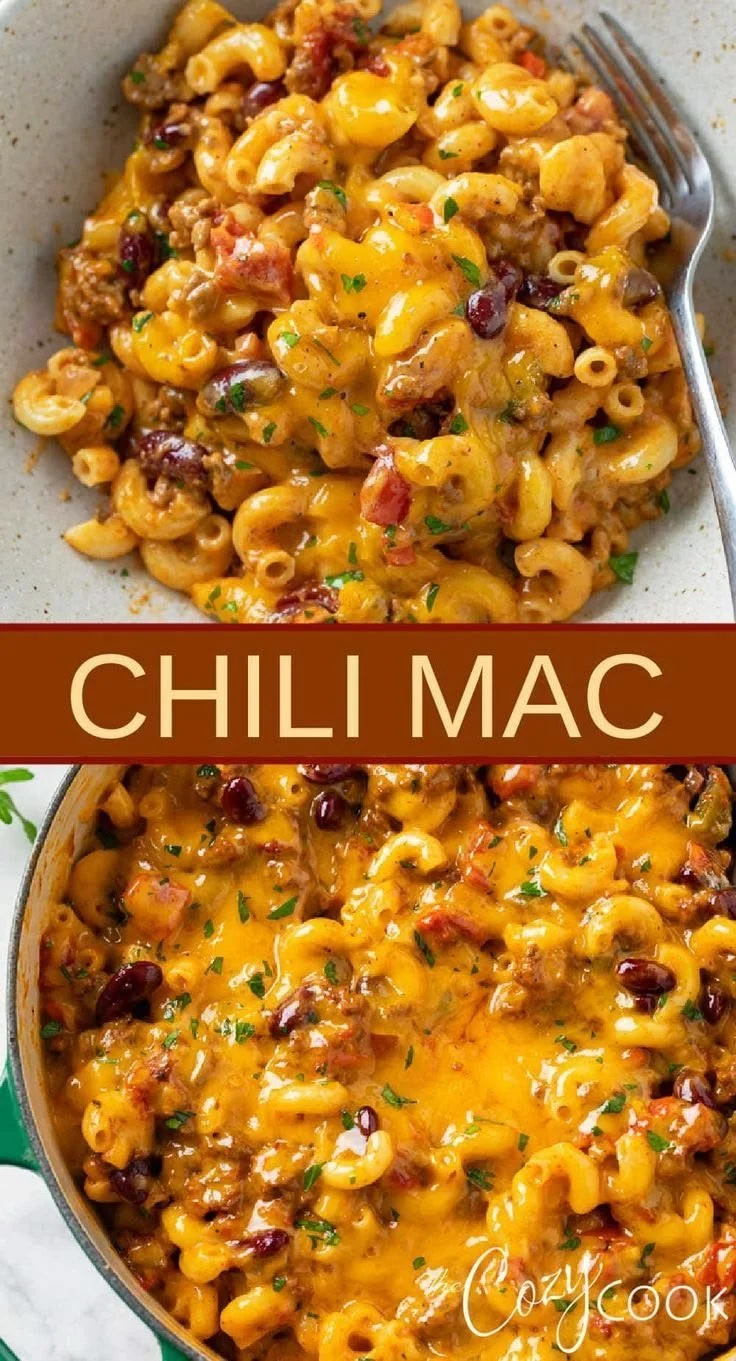 A bowl of homemade Chili Mac topped with cheese and fresh herbs.