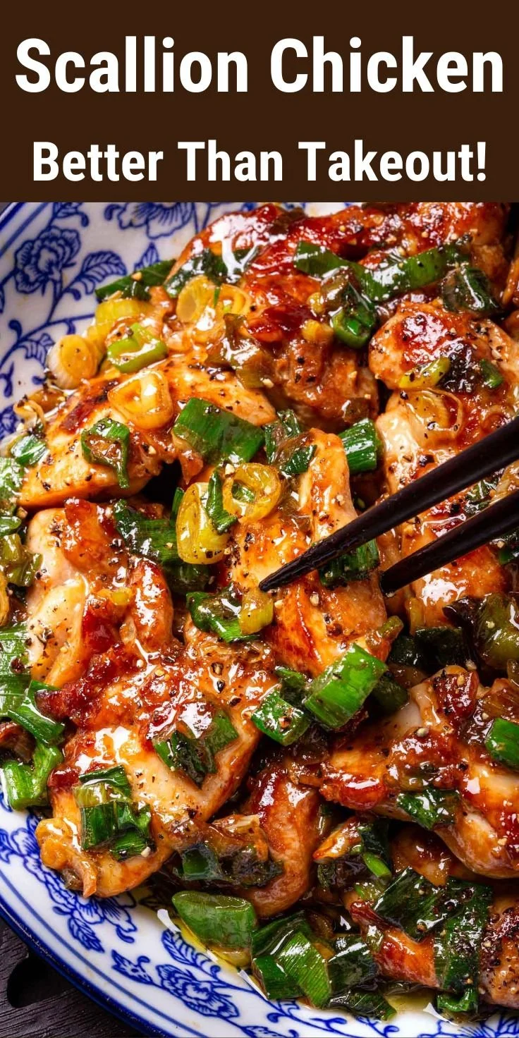 Delicious plate of Chinese scallion chicken garnished with fresh scallions