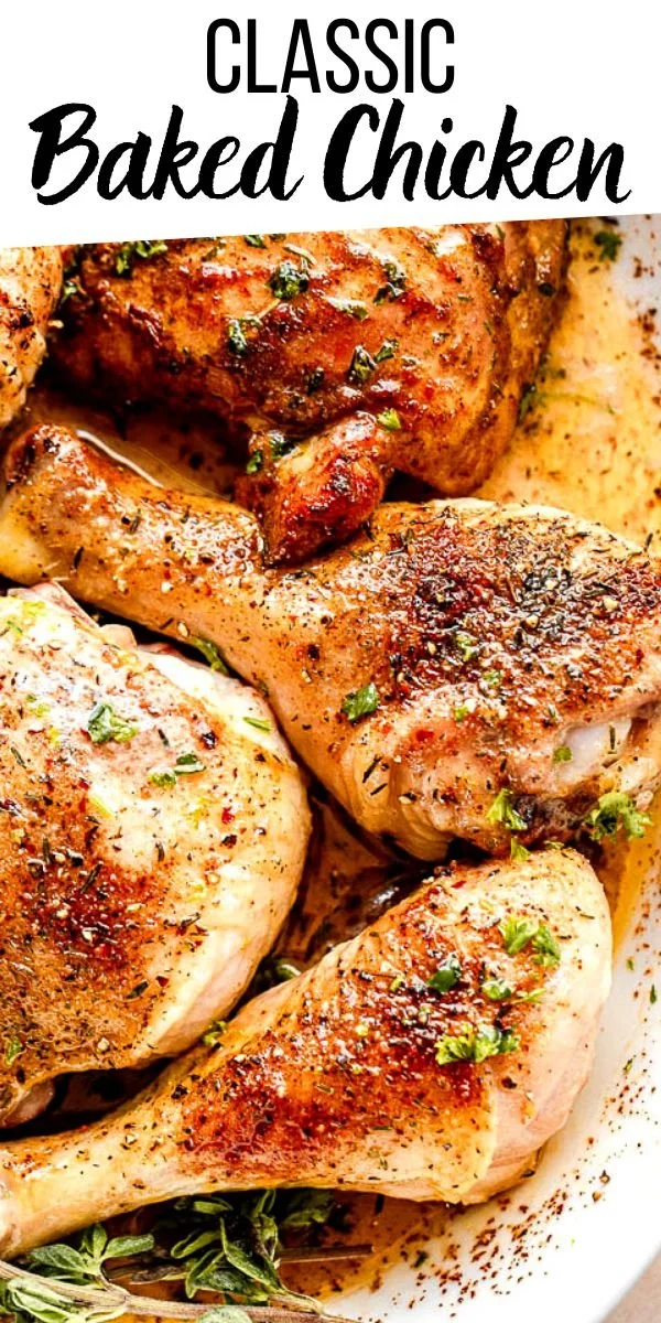 Delicious classic baked chicken pieces served on a platter with herbs