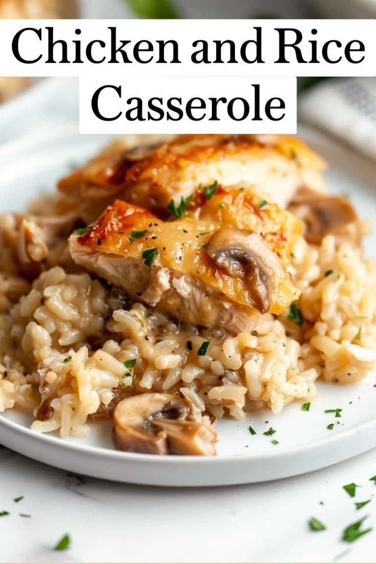 Delicious classic chicken rice casserole served in a baking dish