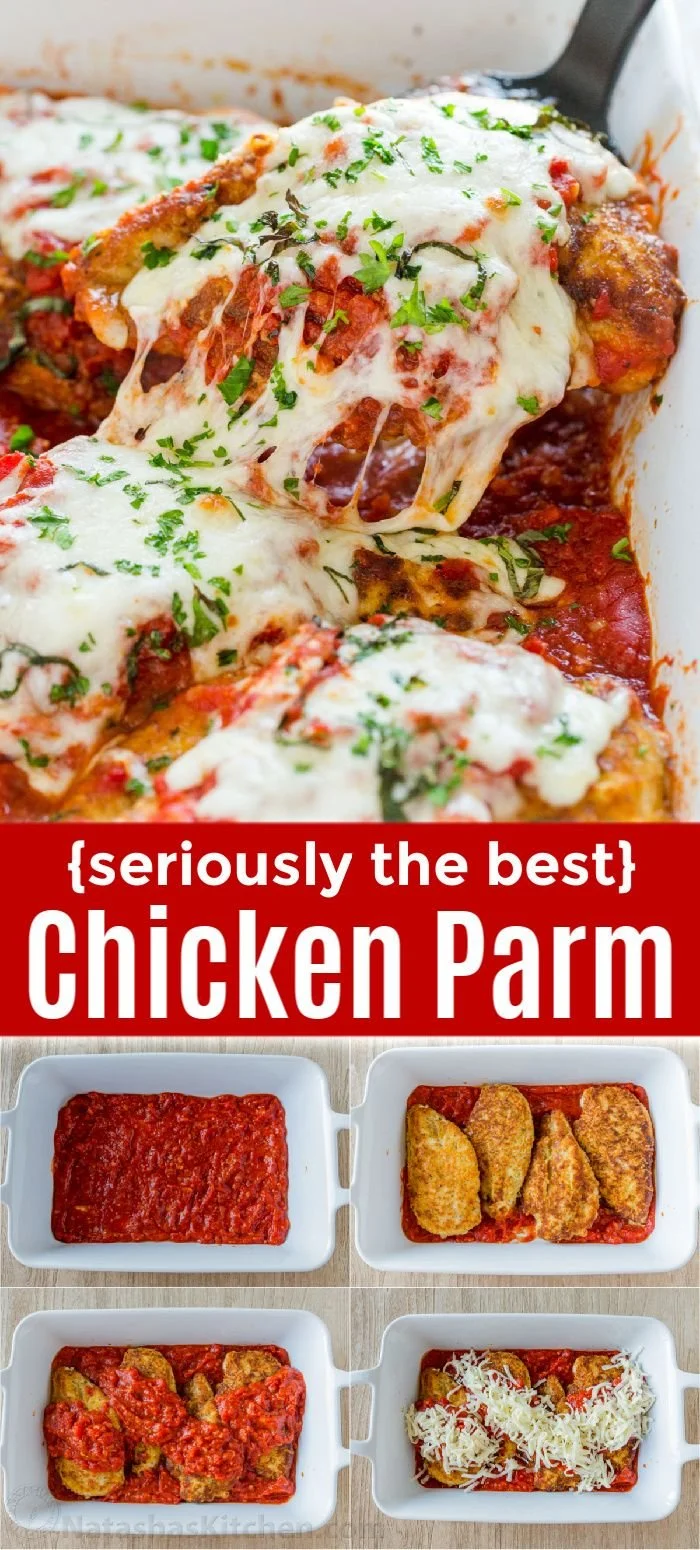 Plate of Classic Chicken Parmesan with marinara sauce and melted cheese